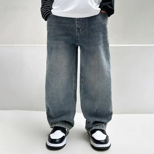 Boys’ Straight-Leg Wide Jeans – Kids’ Street Style Denim Pants 4–12Y