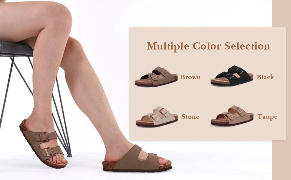 Litfun Classic Leather Cork Slippers Women Fashion Suede Flats Sandals Thick Footbed Cork Slides Unisex Outdoor Beach Slippers
