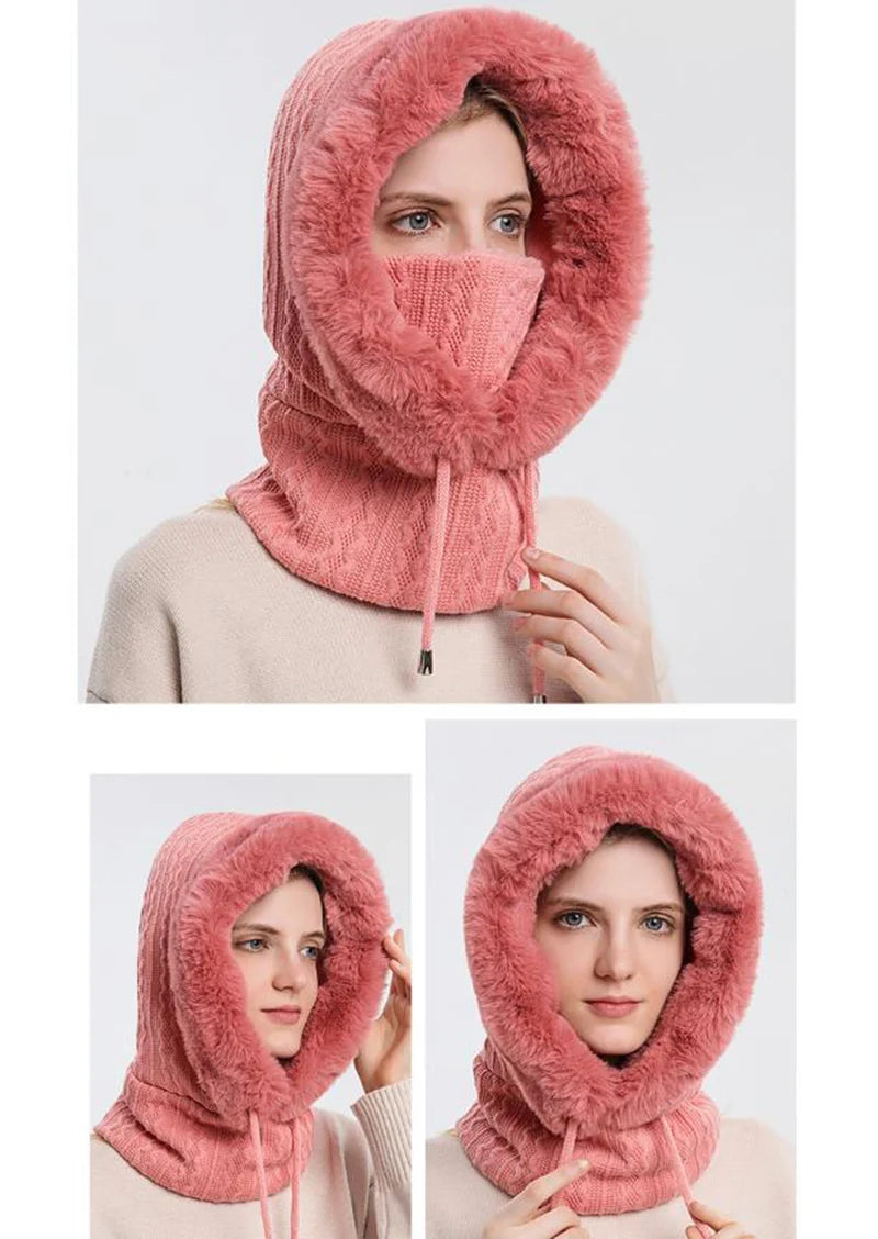 Winter Hat For Women Hooded Face Mask Fluff Keep Warm Thicken Style Neck Scarf Hooded Cap Beanie Knitted Cashmere Neck Warmer
