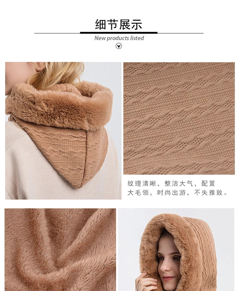 Winter Hat For Women Hooded Face Mask Fluff Keep Warm Thicken Style Neck Scarf Hooded Cap Beanie Knitted Cashmere Neck Warmer