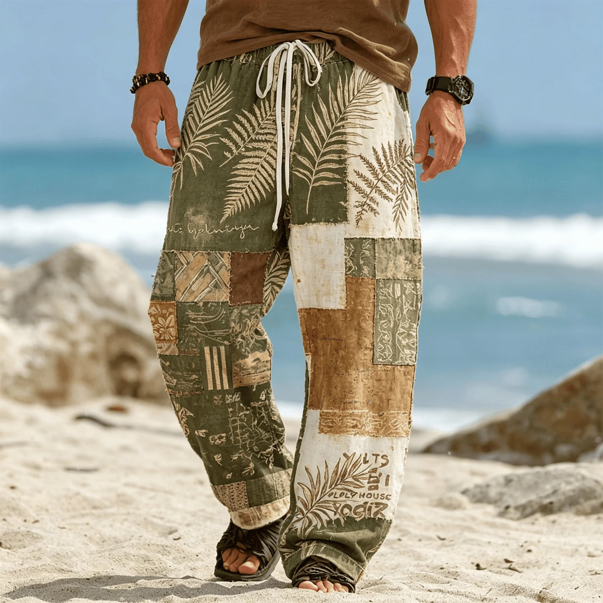 Men's Ethnic Tribal Patchwork Print Drawstring Pants, Casual Boho Trousers for Summer Beach & Vacation