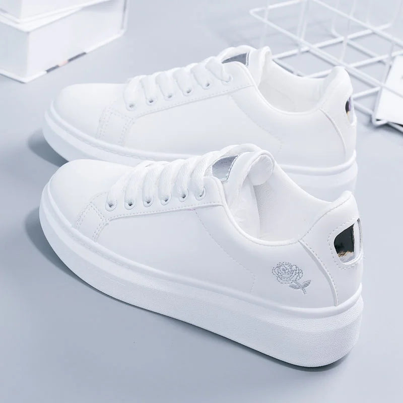 Women’s Floral Embroidered White Sneakers – Breathable PU Leather Lace-Up Casual Fashion Walking Shoes