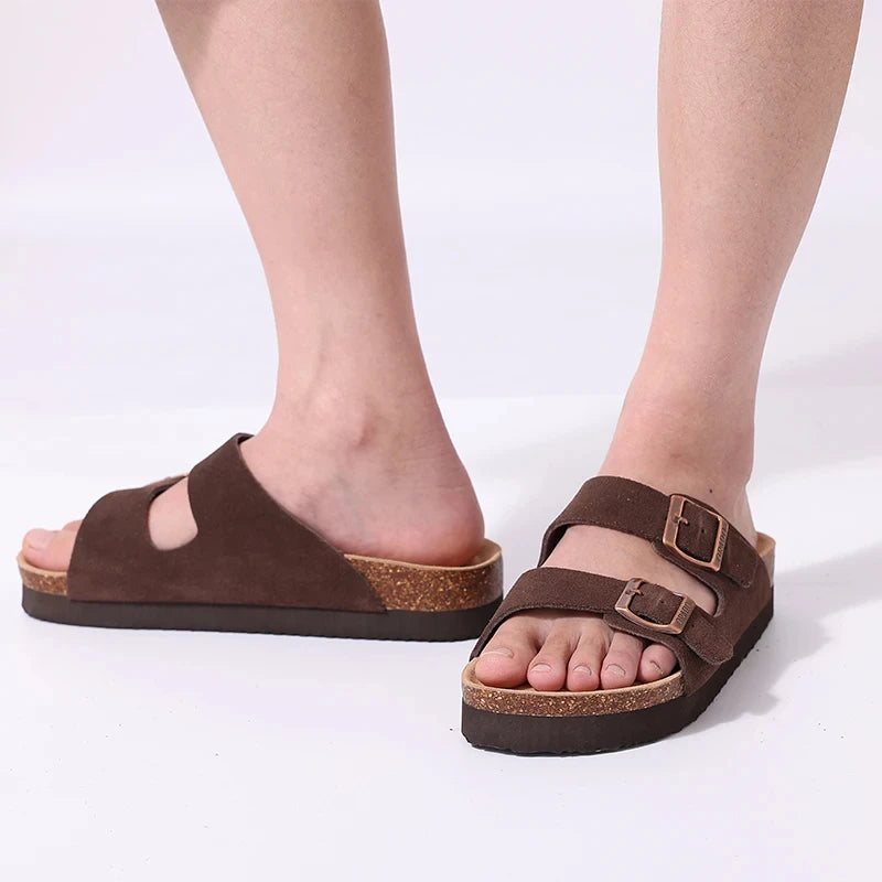 Comwarm Classic Cork Slippers For Women New Fashion Suede Flats Sandals Summer Couple Beach Slides Shoes With Adjustable Buckle