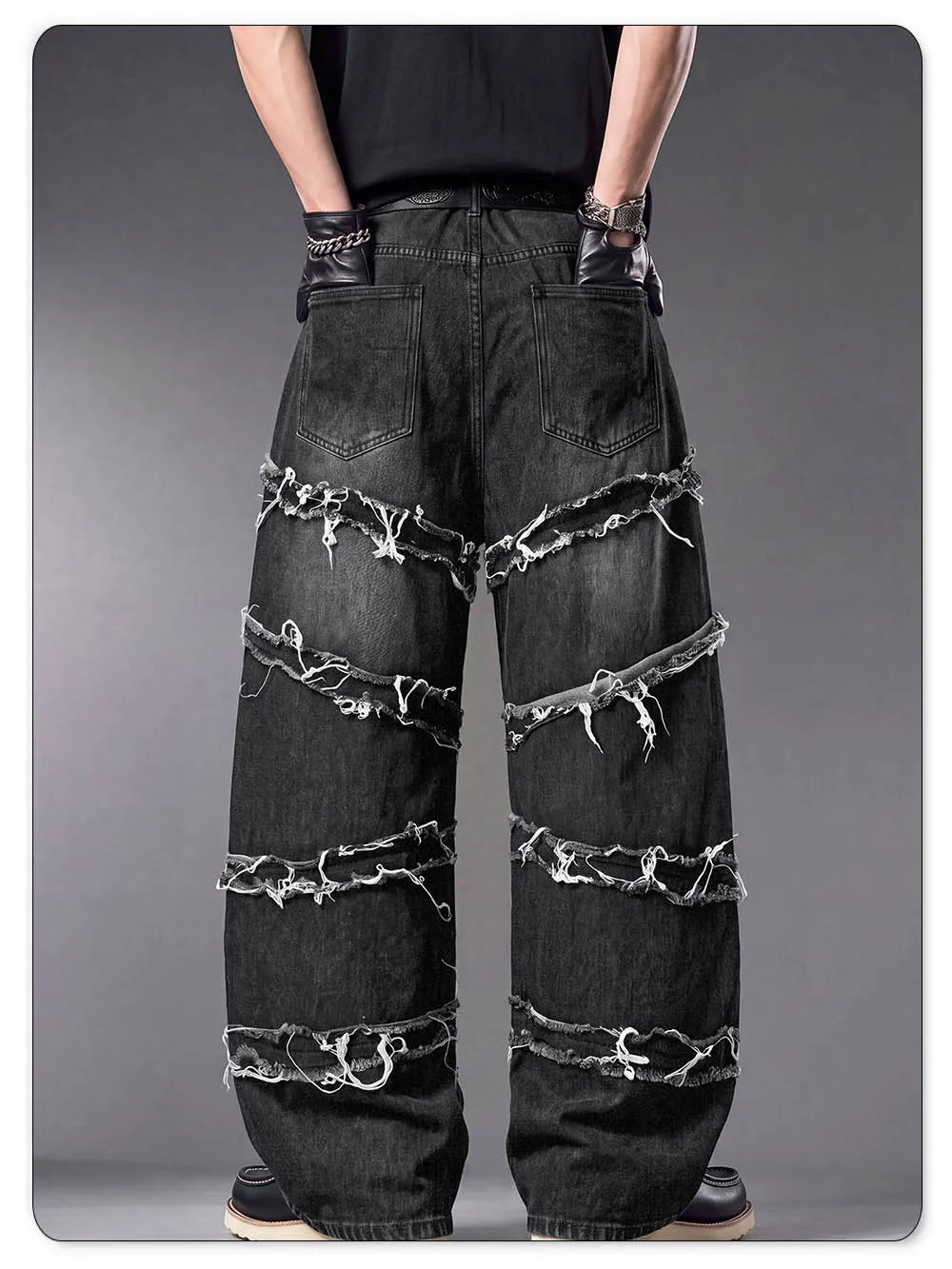LIYS Men's Gothic Baggy Jeans Raw Frayed Edge Deconstructed Patchwork Wide Leg Denim Pants Y2K Punk Streetwear Trousers ﻿