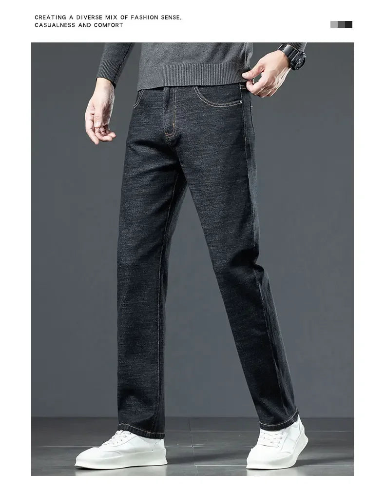 Plus Size 44 46 Casual Sherpa Warm Jeans Men Winter Velvet Thick Trousers Loose Straight Business Classic Fleece Denim Pants