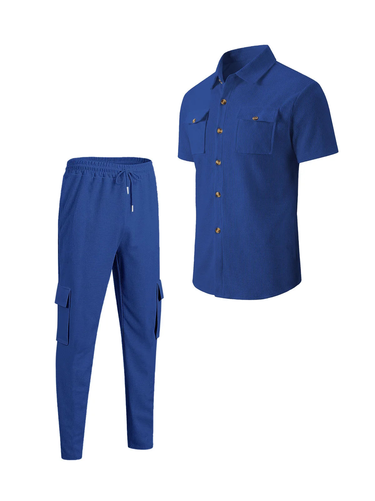 Men's Matching Sets: Waffle Knit 2PC Outfit & Light Coats, Short Sleeve Cargo Shirt & Drawstring Multi-Pkt Pants for Daily