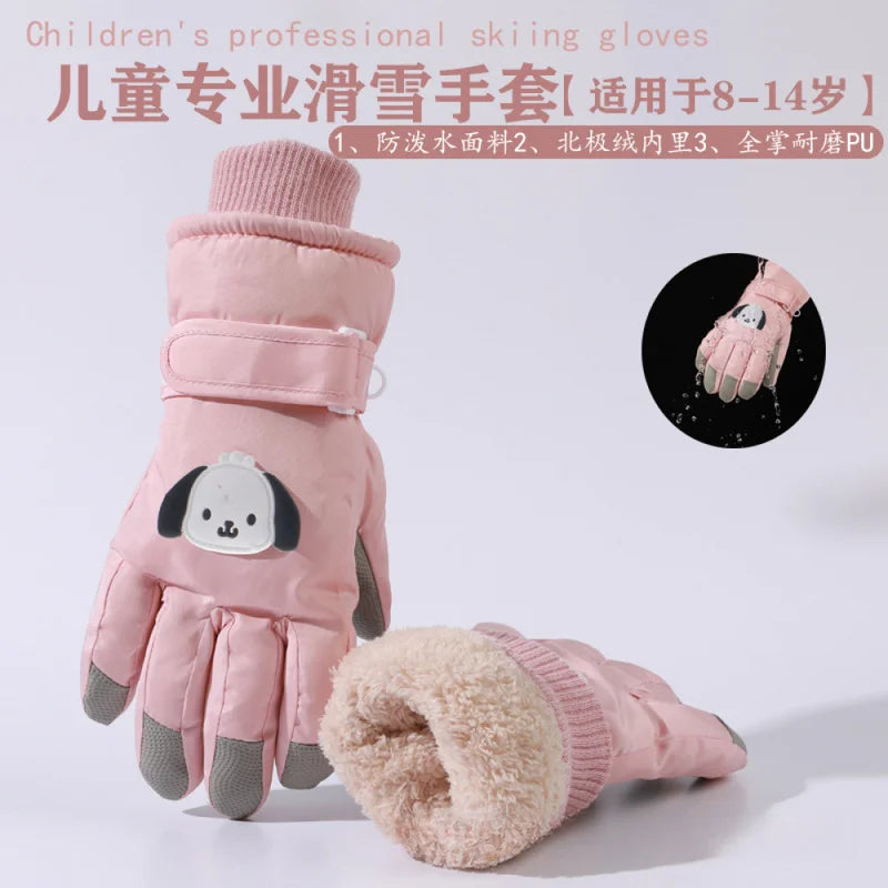 Kids Ski Gloves Boys Girls Winter Warm Fleece Lined Cotton Padded Thickened Anti-Slip Cute Snow Play Water Resistant Snowboard