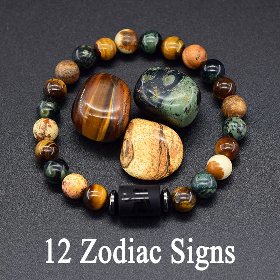 12 Zodiac Constellation Signs Bracelet for Men & Women – Natural Tiger Eye Stone Beaded Bracelet, Leo Taurus Charm Couple Jewelry