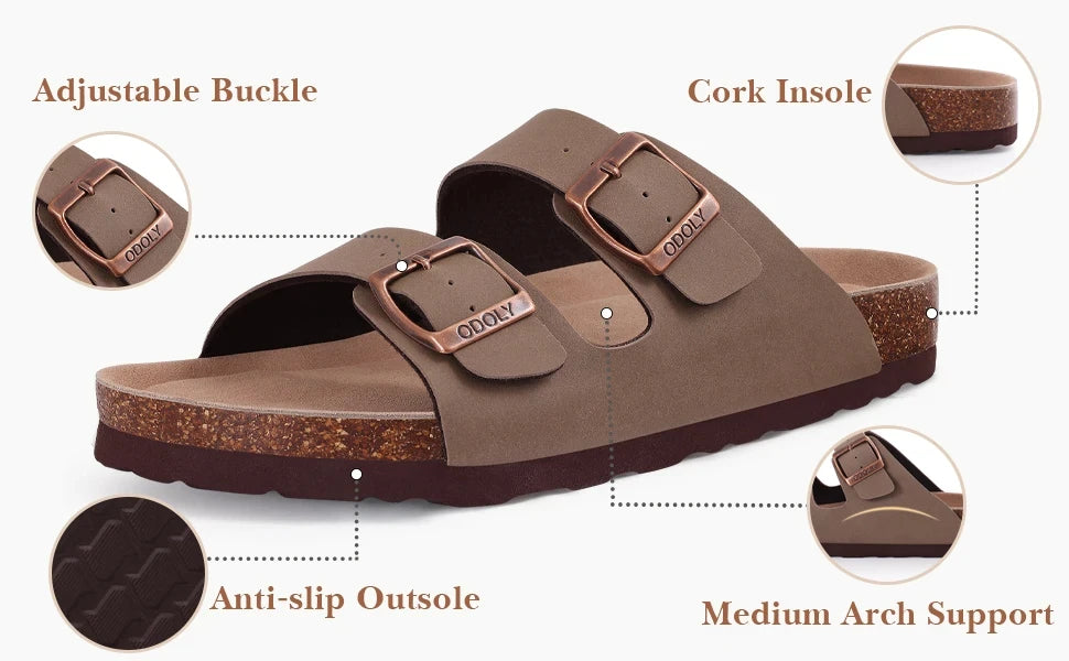 Litfun Classic Leather Cork Slippers Women Fashion Suede Flats Sandals Thick Footbed Cork Slides Unisex Outdoor Beach Slippers