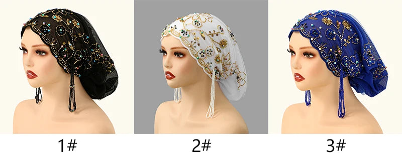 Women’s Luxury Pearl Embroidered Mesh Hijab Cap
