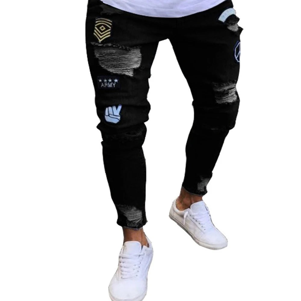 White Embroidery Skinny Ripped Jeans Men Cotton Stretchy Hole Slim Fit Hip Hop Denim Pants Casual Jeans for Men Jogging Trousers