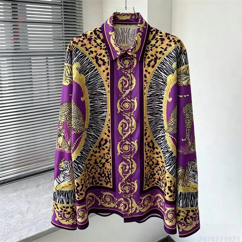 Men's shirt retro Baroque animal print shirt casual loose long sleeved shirt light luxury design sense men's top XS-6XL size