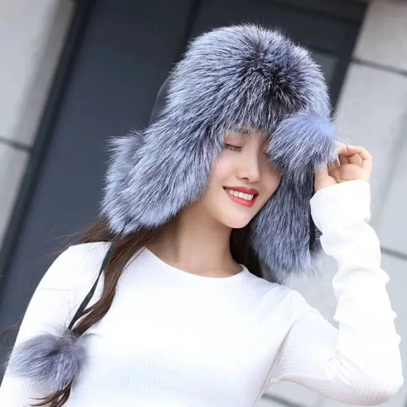 Real Fox Fur Hat For Women Winter Fashion Warm Lei Feng Hats Russians Outdoor Skiing Caps Natural Fur Hat Furry Thick Fur Cap
