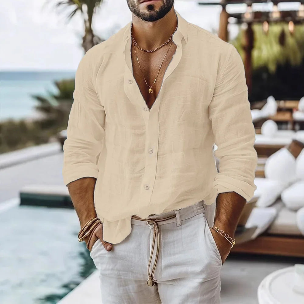 Men's Lightweight Cotton Linen Button-Down Beach Shirt