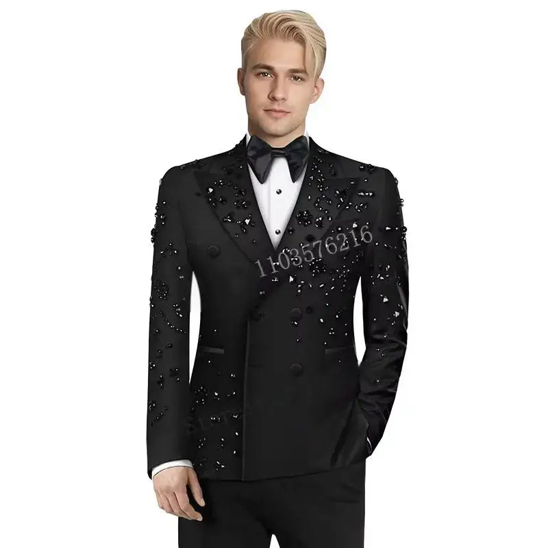 Luxury Black 2 Pieces Set Men's Suits Crystals Peaked Lapel Groom Wedding Formal Male Party Prom Tuxedos Best Man Blazers
