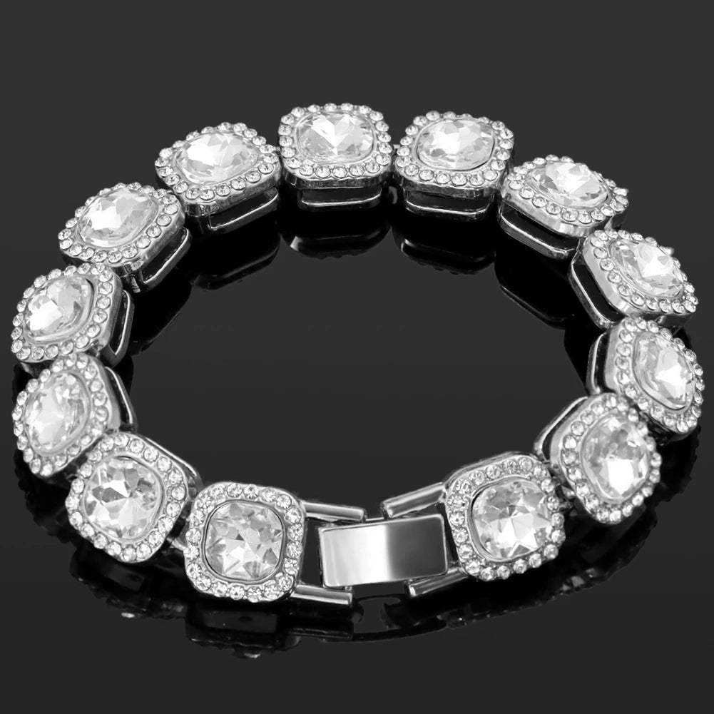 Iced Out Pink Cuban Bracelet Set for Women – 4Pcs Hip Hop Crystal Heart, Circle & Square Gold/Silver Tone Bracelets, Fashion Jewelry Gift