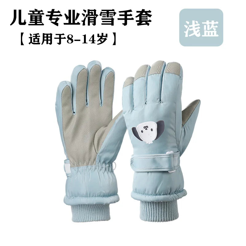 Kids Ski Gloves Boys Girls Winter Warm Fleece Lined Cotton Padded Thickened Anti-Slip Cute Snow Play Water Resistant Snowboard