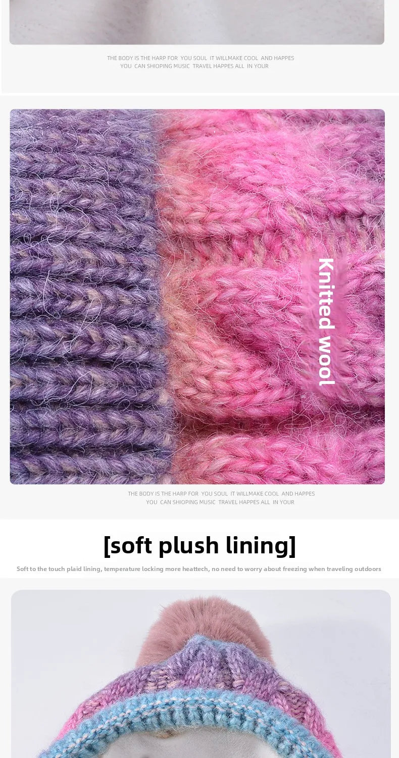 Winter Lady Warm Hat Scarf Two-piece Set Fleece Thickened Gradual Change Color Knitted Skiing Hat Fashion Pullover Hat for Women