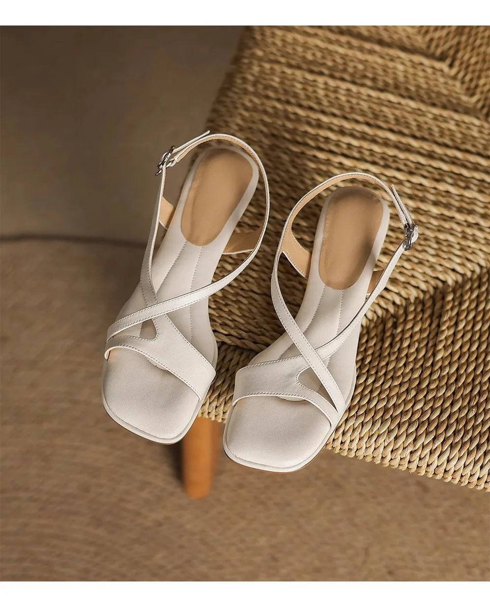 Women’s Elegant Square Toe Cross Strap Sandals Low Heel Buckle Soft Sole Comfortable Summer Dress Fashion Shoes