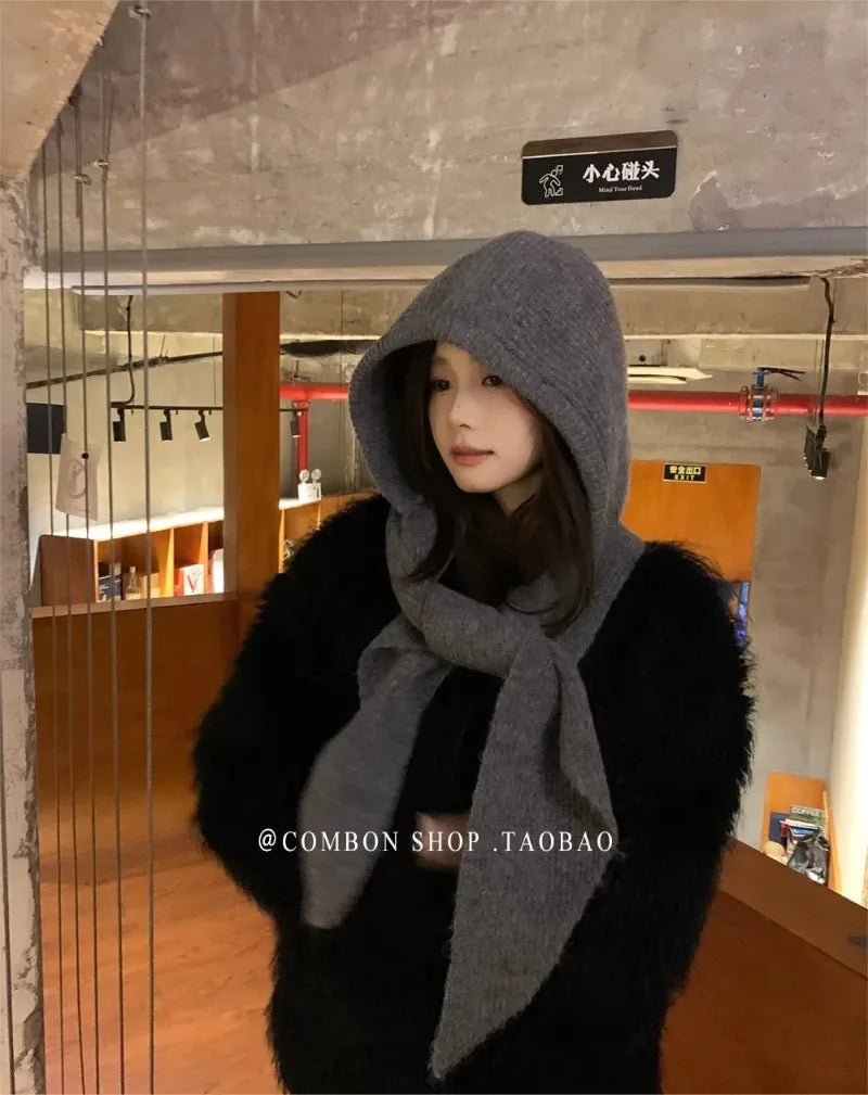 Oversize Hood Scarf Balaclava Hat Winter Ear Protection Windproof Warm Balaclava Hats Women Fashion Hat and Scarf Skullies Beani