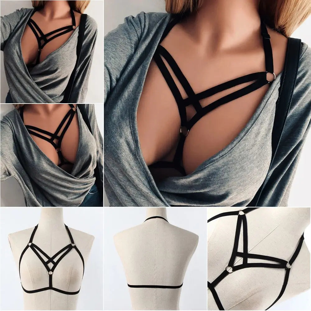 Fashion  Women's Sexy Black Lingerie Hollow Caged Harness Bra Tops Push Up Bralette Bustier Belt Bra