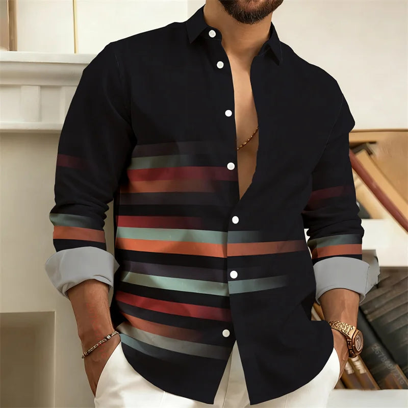New Men's Color-Block Patchwork Long-Sleeved Shirt, Geometric Striped Casual Business Shirt, Slim-Fit Men's Top, Sizes S-6XL.