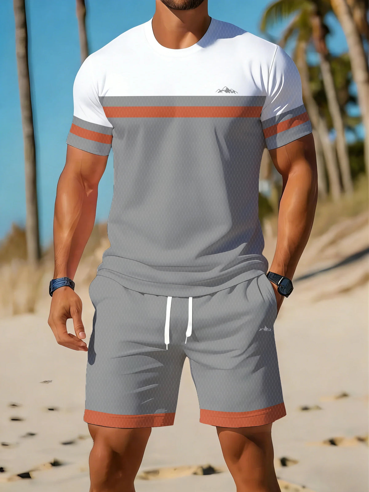 Casual Holiday Beach Men's T-shirt And Shorts 2 Pieces Sets Summer Men's Suit Clothing Stripe Print Short Sleeve Tee Shorts Set