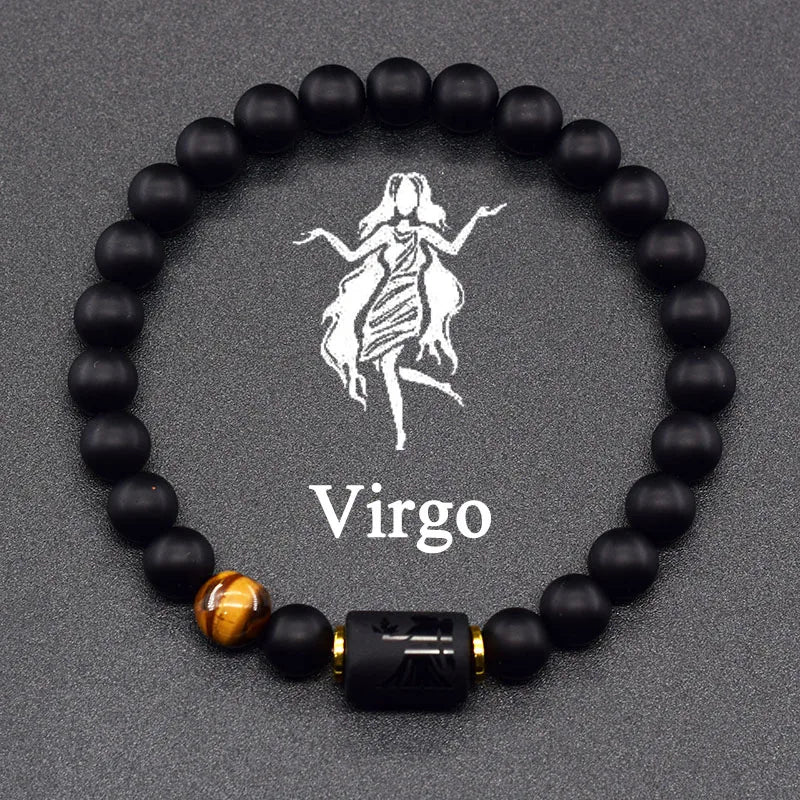 12 Zodiac Constellation Signs Bracelet for Men & Women – Natural Tiger Eye Stone Beaded Bracelet, Leo Taurus Charm Couple Jewelry
