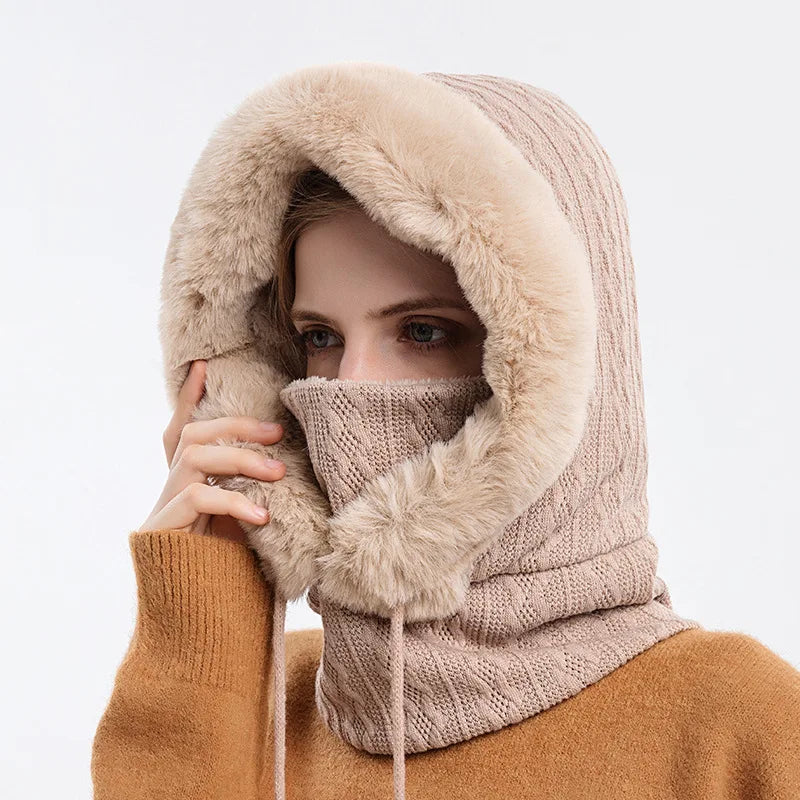Winter Hat For Women Hooded Face Mask Fluff Keep Warm Thicken Style Neck Scarf Hooded Cap Beanie Knitted Cashmere Neck Warmer
