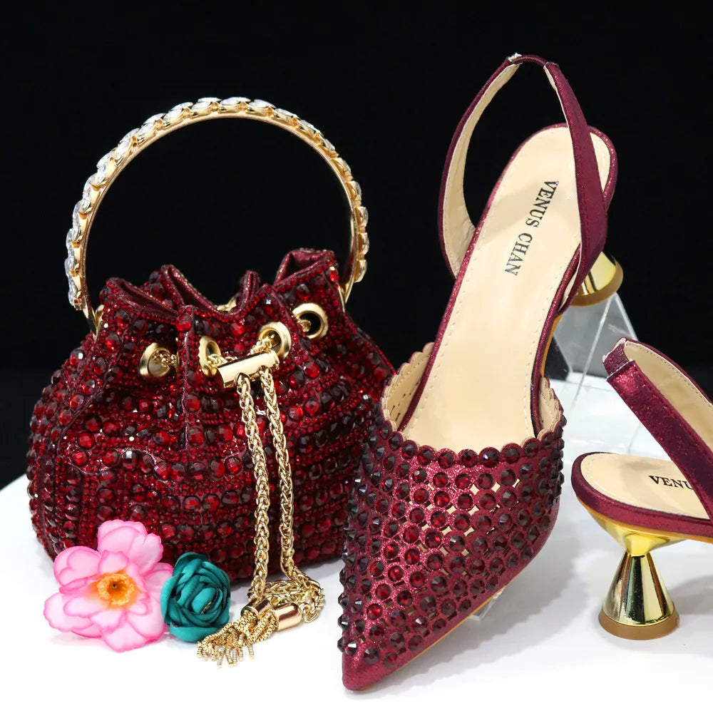 Venus Chan 2026 Elegant Women's Pointed Toe Heels - Wine Color Full Diamond Pumps with Matching Italian Shoes & Bags Set