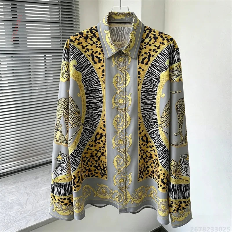 Men's shirt retro Baroque animal print shirt casual loose long sleeved shirt light luxury design sense men's top XS-6XL size