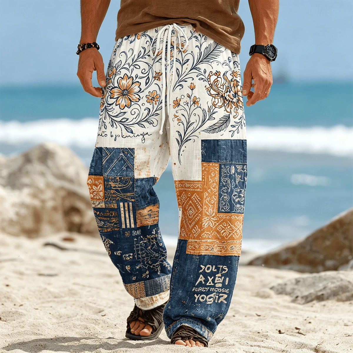 Men's Ethnic Tribal Patchwork Print Drawstring Pants, Casual Boho Trousers for Summer Beach & Vacation