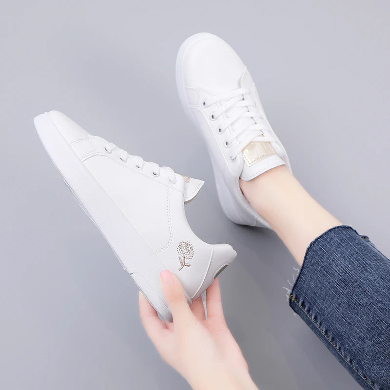 Women’s Floral Embroidered White Sneakers – Breathable PU Leather Lace-Up Casual Fashion Walking Shoes