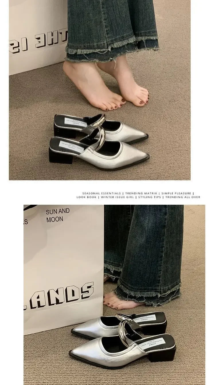 2026 New Women Cover Toe Mules Slippers Fashion Metal Decoration Thick Heel Slide Shoes Comfort Street Style Footwear