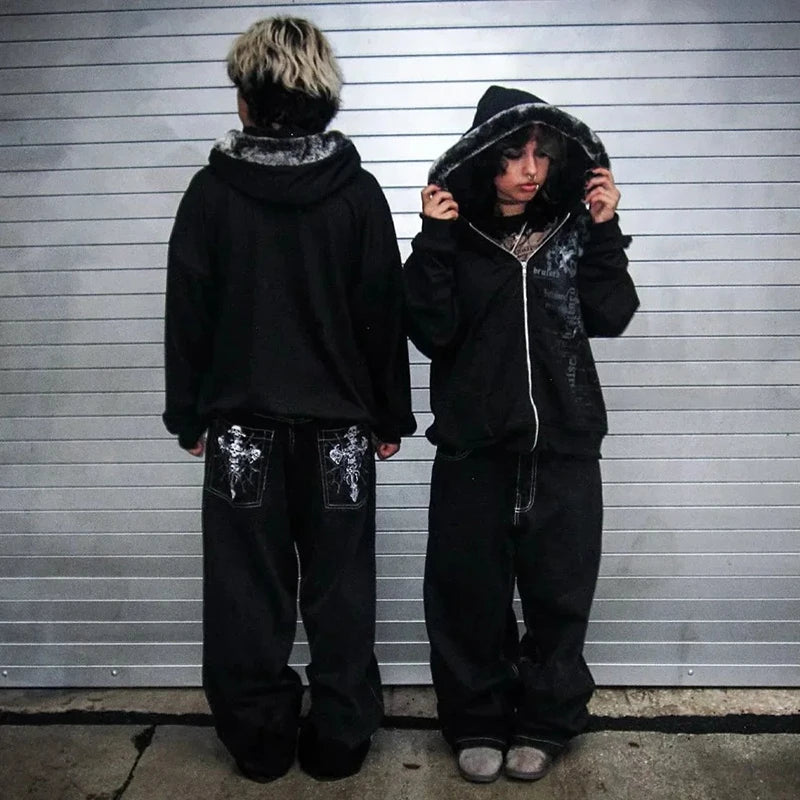 New Y2K Streetwear Jeans American Street Clothes Mens Womens Harajuku Skull Straight Wide-leg Pants Hip-hop Casual Hoodie Top