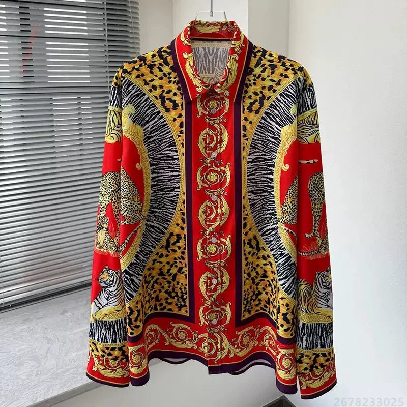 Men's shirt retro Baroque animal print shirt casual loose long sleeved shirt light luxury design sense men's top XS-6XL size