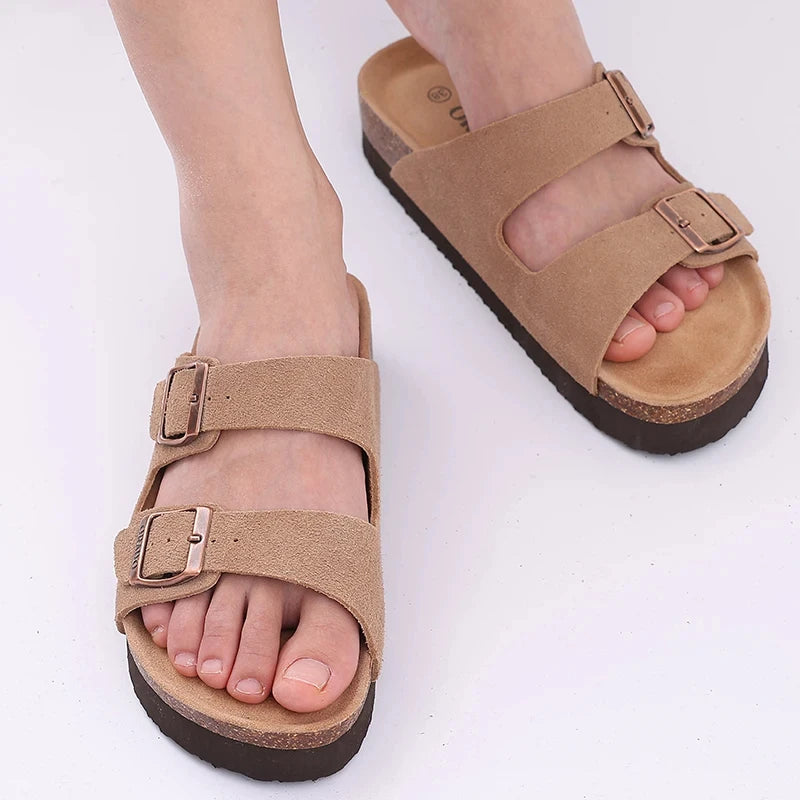 Comwarm Classic Cork Slippers For Women New Fashion Suede Flats Sandals Summer Couple Beach Slides Shoes With Adjustable Buckle