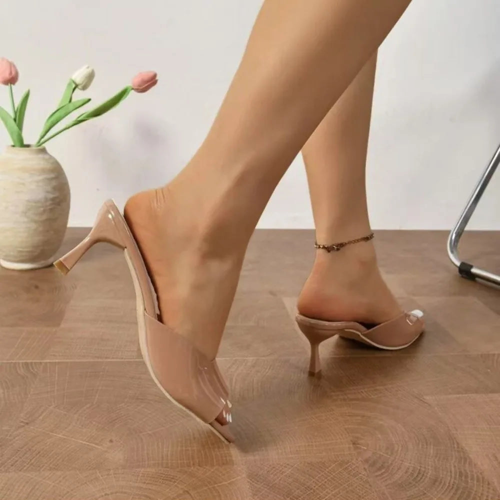 Women’s Elegant Peep Toe Stiletto Heel Sandals Slip-On Open Toe Mid Heel Summer Office Party Dress Shoes