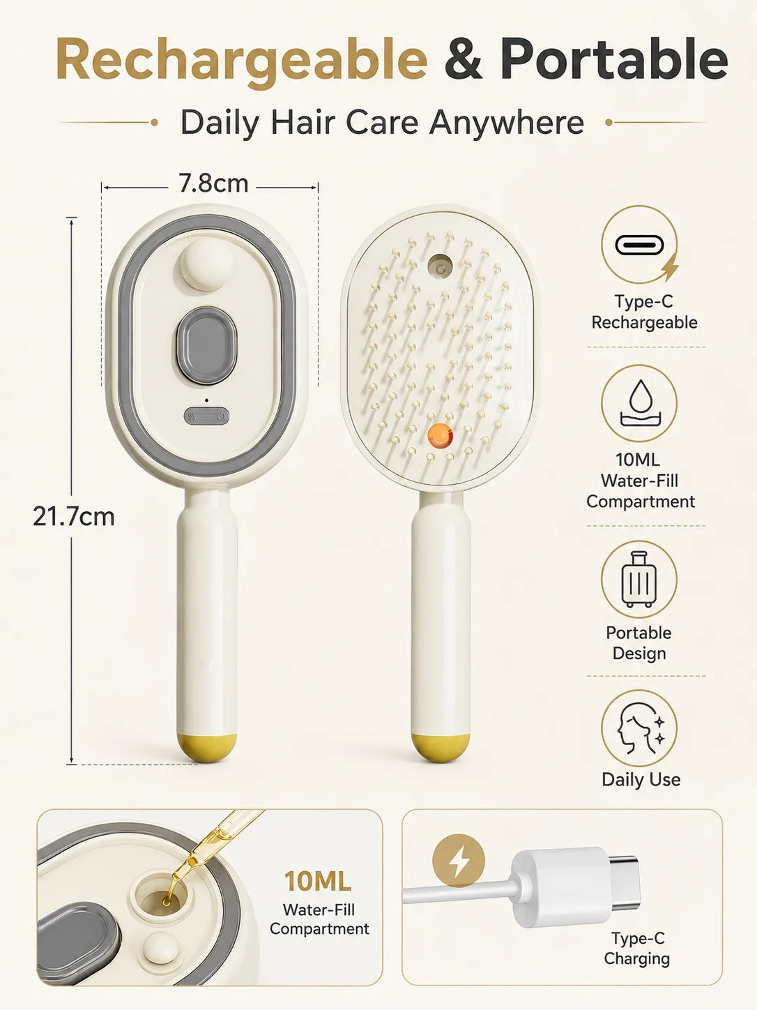 Magic Detangling Hair Brush for Women – Anti-Frizz Electric Spray Air Cushion Brush, Self-Cleaning Rechargeable Hair Detangler with Red Light