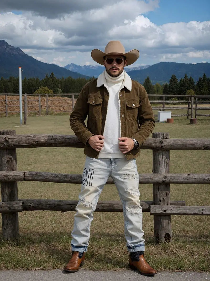 【HME】Men's jeans | Straight‑Fit Western Style Denim Pants For Men, Light‑Wash Destroyed Denim Trousers, Loose Comfort Casual pants, Fashion Letter Graphic Denim Bottoms, Ideal Match With Cowboy Boots For Street And Ou