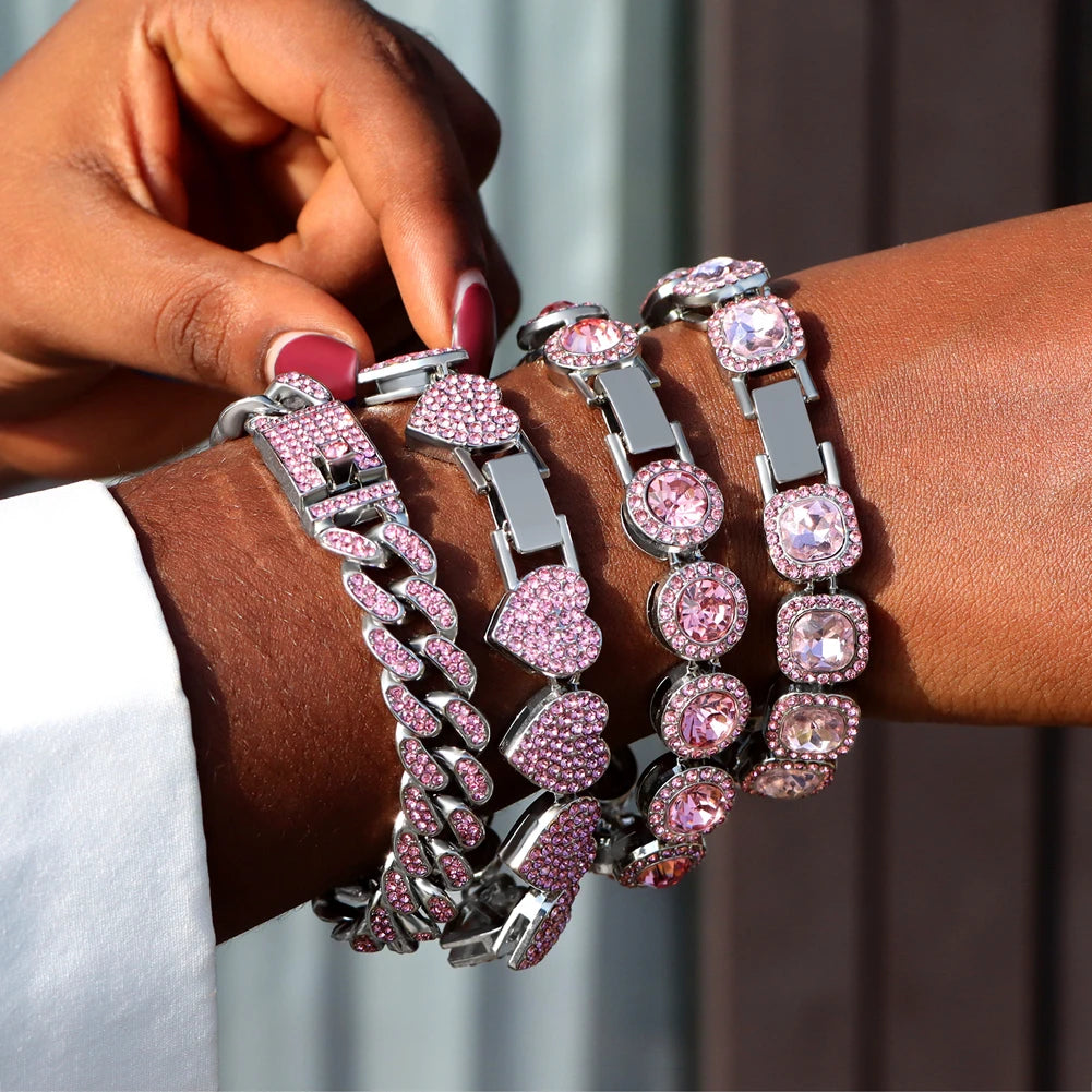 Iced Out Pink Cuban Bracelet Set for Women – 4Pcs Hip Hop Crystal Heart, Circle & Square Gold/Silver Tone Bracelets, Fashion Jewelry Gift