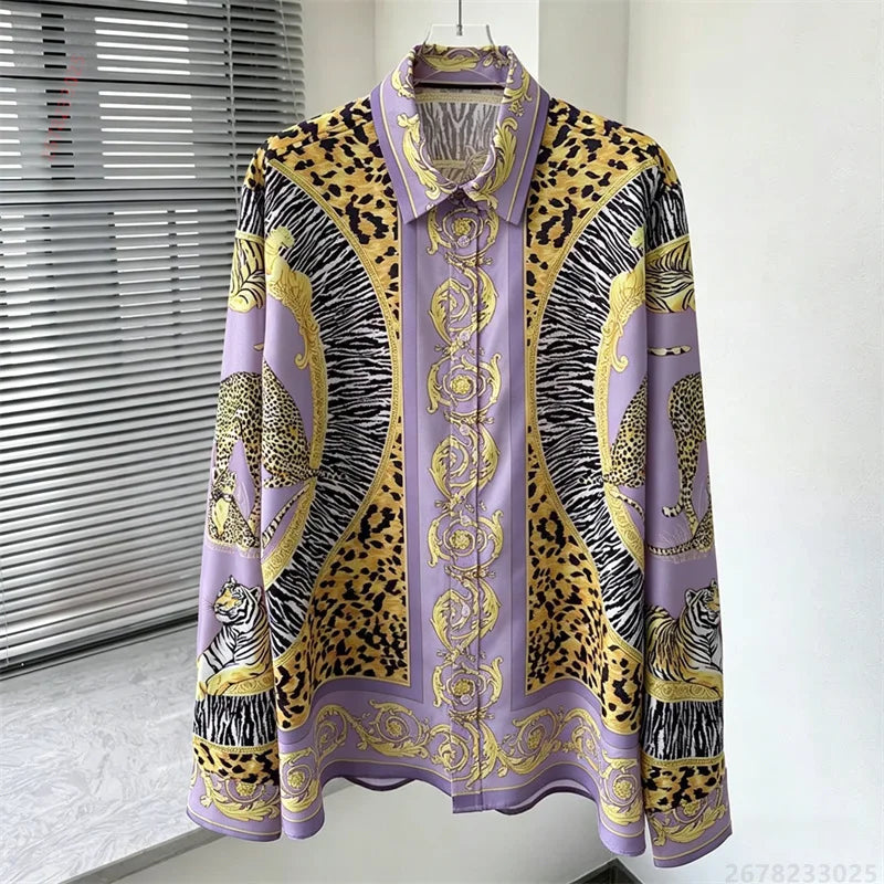 Men's shirt retro Baroque animal print shirt casual loose long sleeved shirt light luxury design sense men's top XS-6XL size