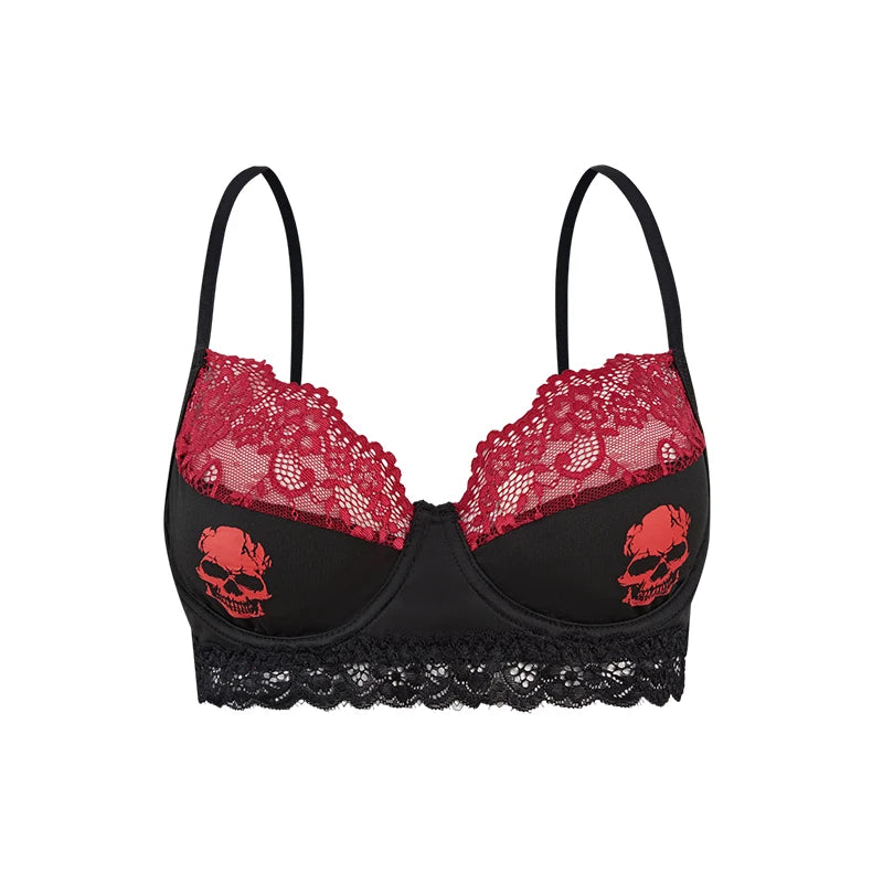 Ultra-Thin Lace Edged Skull Print Bra with Steel Ring Underwear Women's Fashionable Skeleton Patterned Bralette