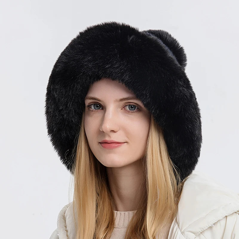 Winter Fluffy Fur Kintted Cap for Women Russian Lady Soft Warm Ear Protection Hats Female Outdoor Plush Coldproof Ball Beanies