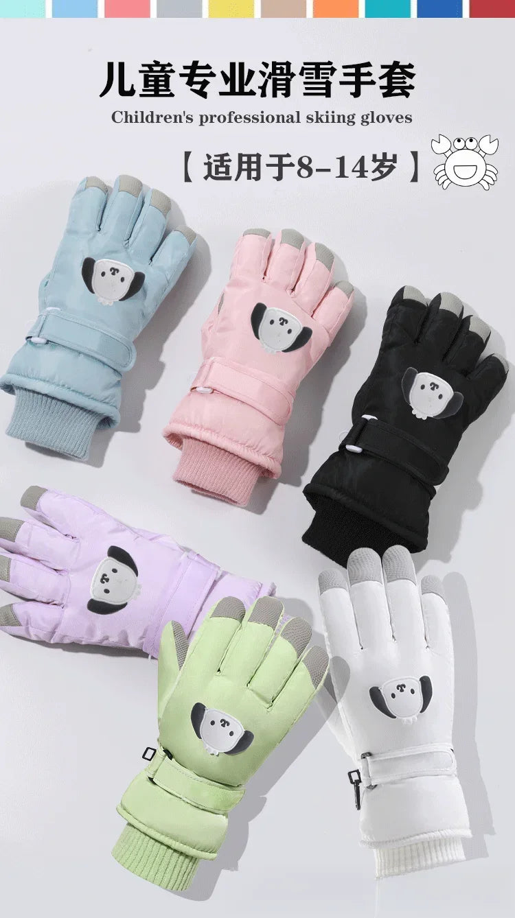 Kids Ski Gloves Boys Girls Winter Warm Fleece Lined Cotton Padded Thickened Anti-Slip Cute Snow Play Water Resistant Snowboard