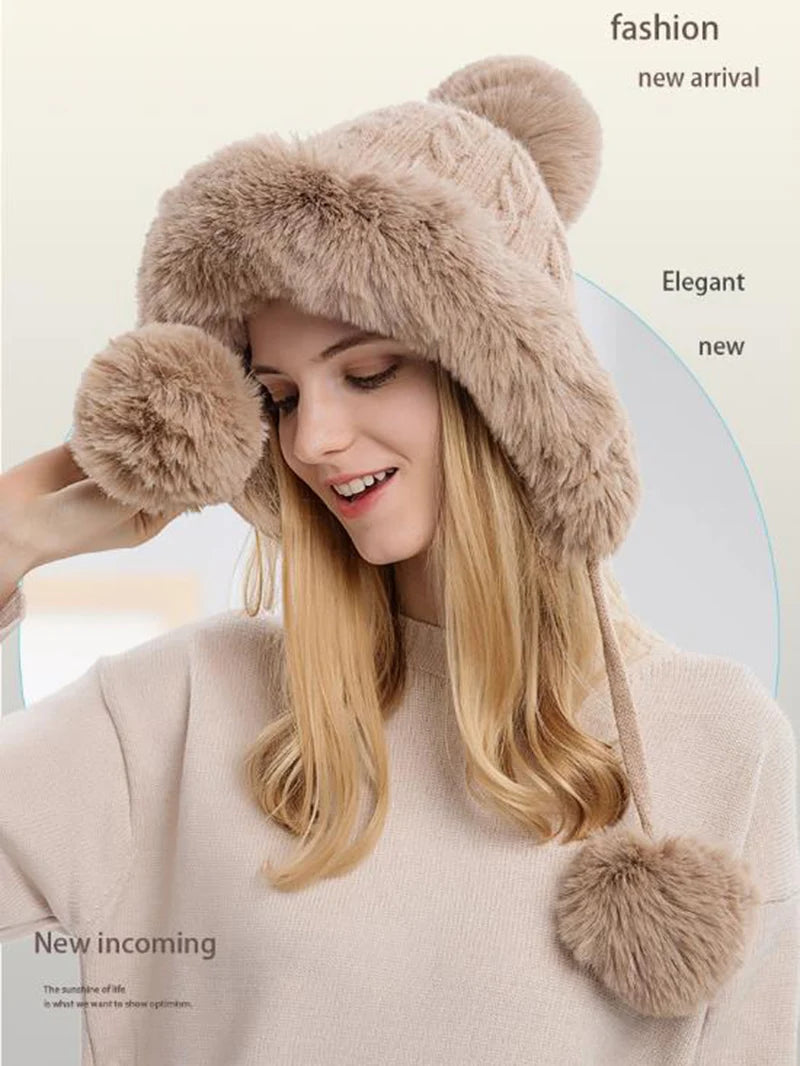 Winter Hat For Women Hooded Face Mask Fluff Keep Warm Thicken Style Neck Scarf Hooded Cap Beanie Knitted Cashmere Neck Warmer
