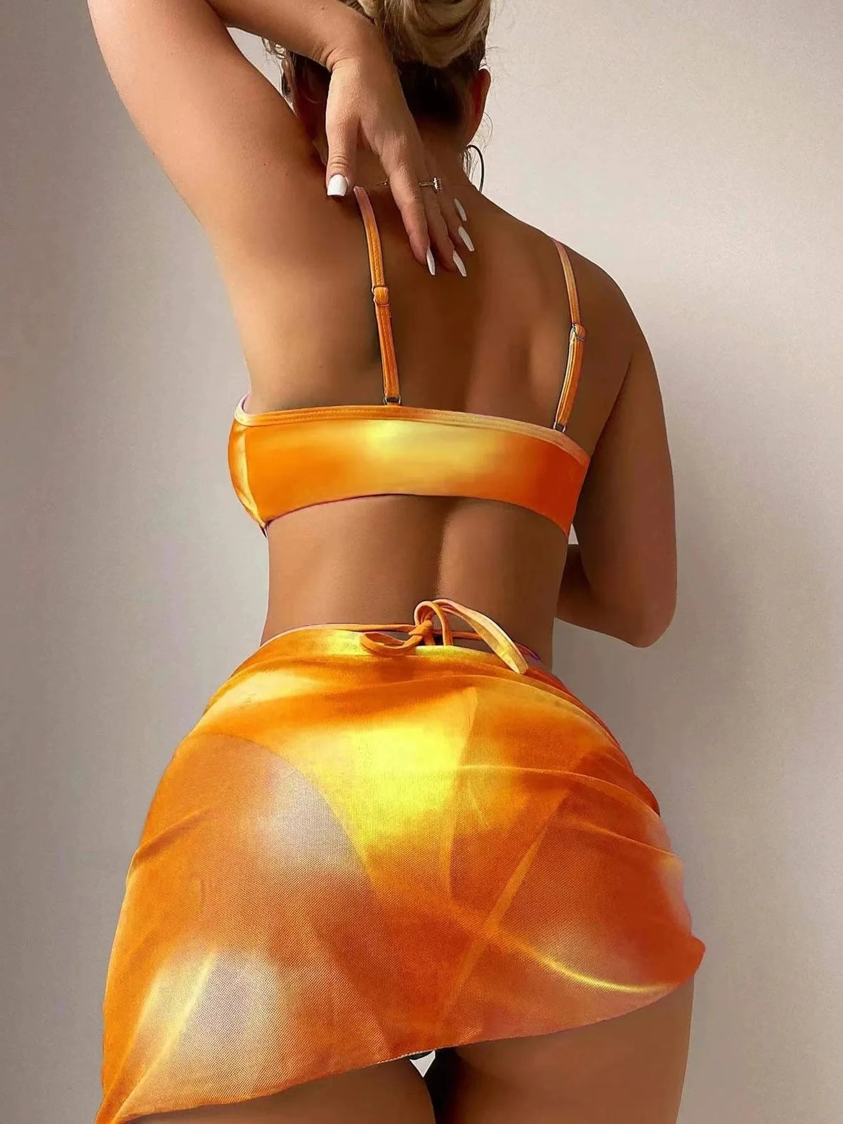 Tie Dye Bikini Swimsuit Women's Three Piece Set Mesh Skirt Split Body Suspender Fashionable Swimsuit Padded Bikini Set Swimwear