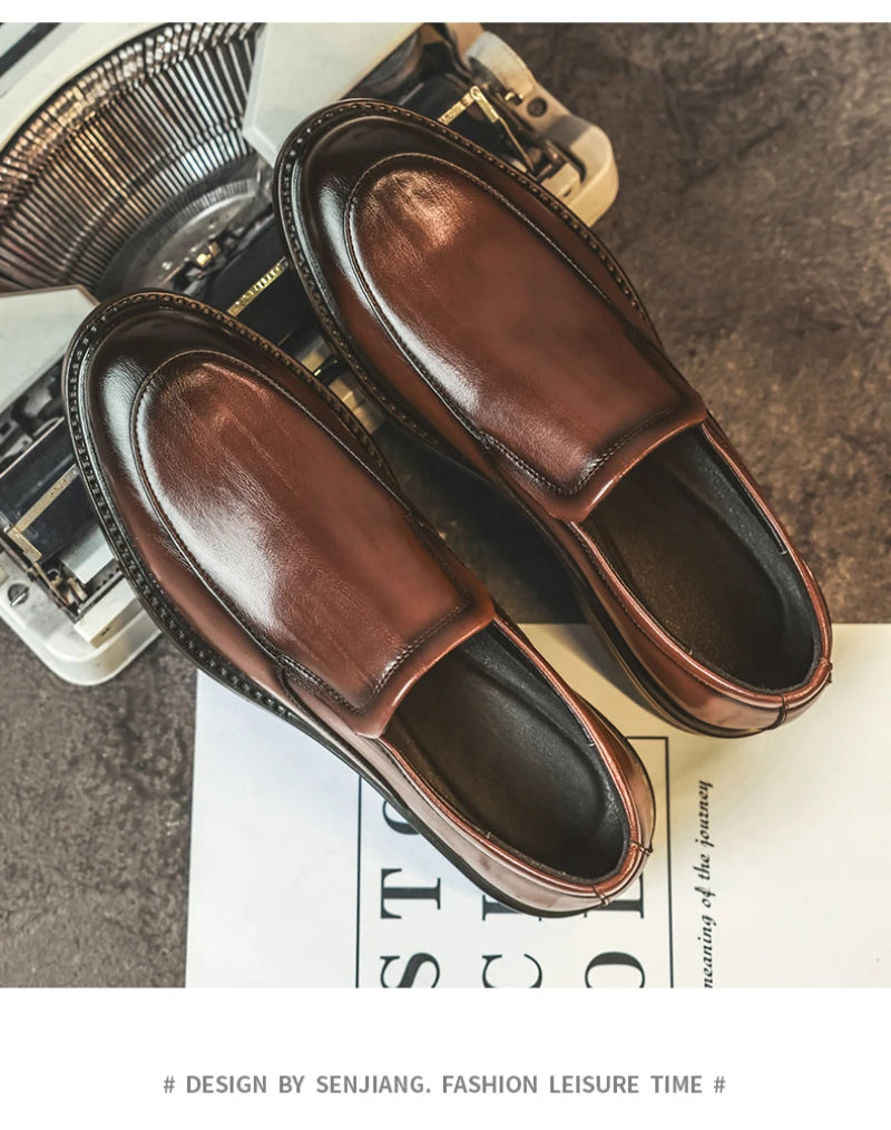 Men Vintage Burnished Leather Shoes 2026 Autumn New Trendy Low Top Slip On Casual Leather Shoes British Style Loafers For Men