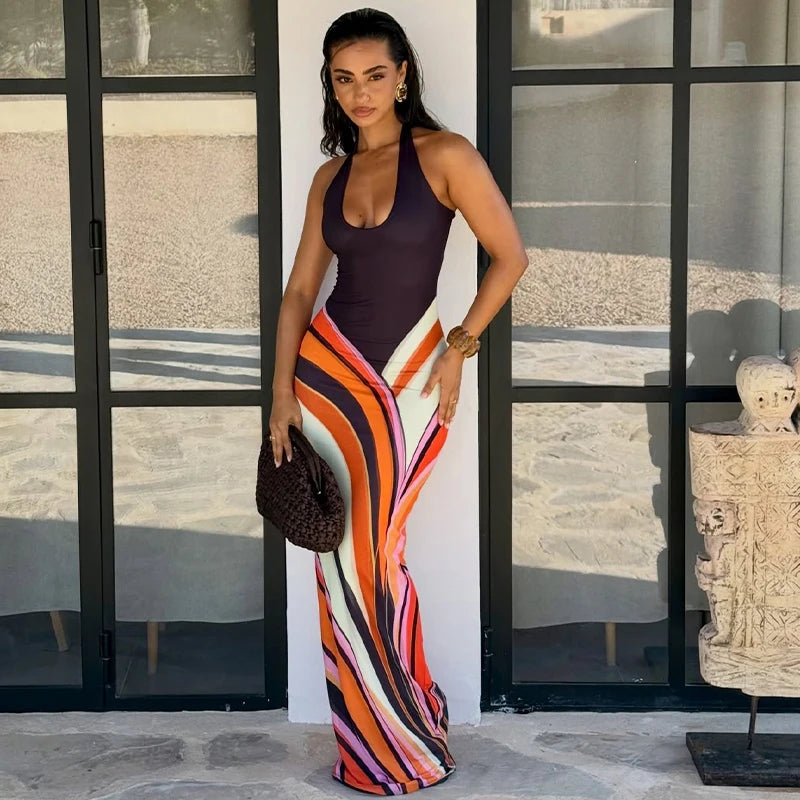 Women’s Sexy Printed Deep V-Neck Backless Maxi Dress