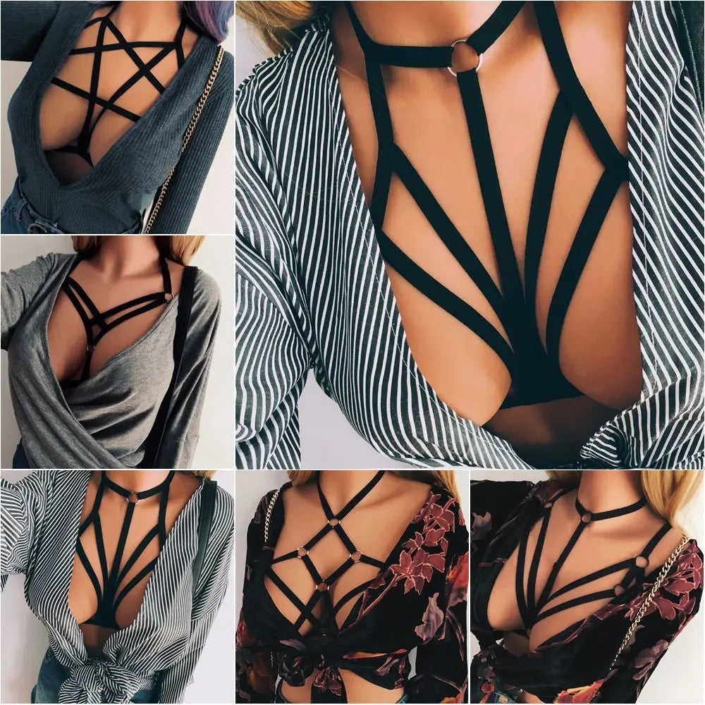 Fashion  Women's Sexy Black Lingerie Hollow Caged Harness Bra Tops Push Up Bralette Bustier Belt Bra